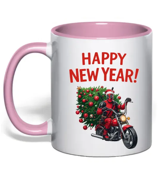 Чашка с цветной ручкой Дедпул з ялинкою Нежно розовый фото