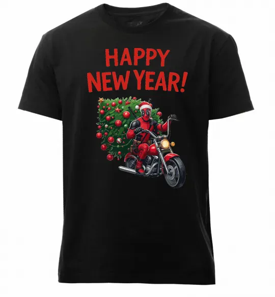 Мужская премиум футболка Дедпул з ялинкою Черный фото