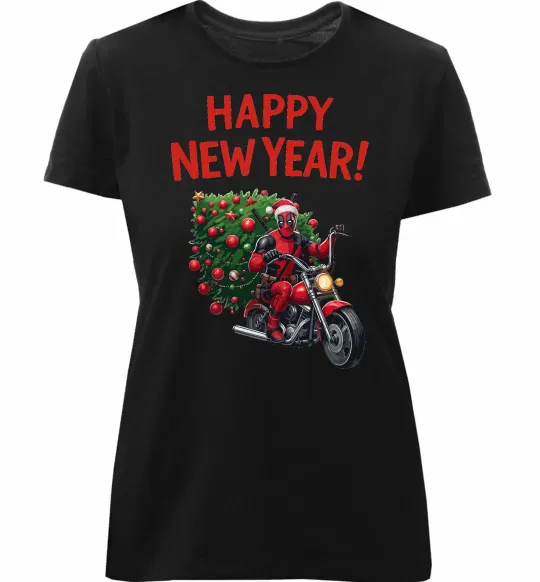 Женская премиум футболка Дедпул з ялинкою Черный фото