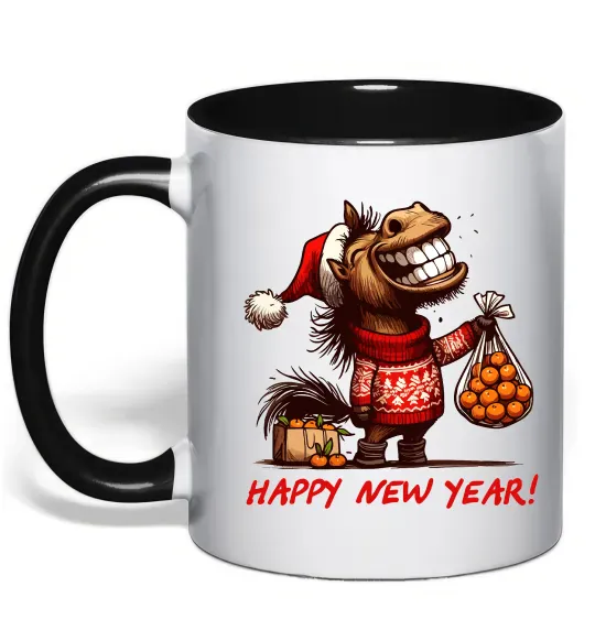 Чашка з кольоровою ручкою Кінь з мандаринами Чорний фото