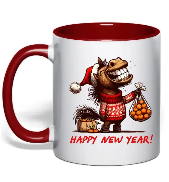 Чашка з кольоровою ручкою Кінь з мандаринами Червоний фото