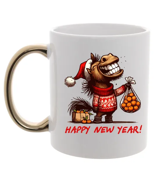 Чашка з кольоровою ручкою Кінь з мандаринами Золото фото