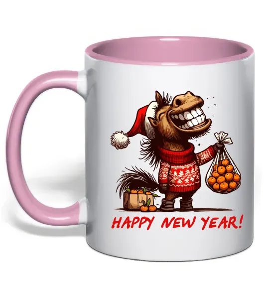 Чашка з кольоровою ручкою Кінь з мандаринами Ніжно рожевий фото