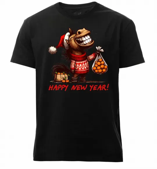 Мужская премиум футболка Кінь з мандаринами Черный фото