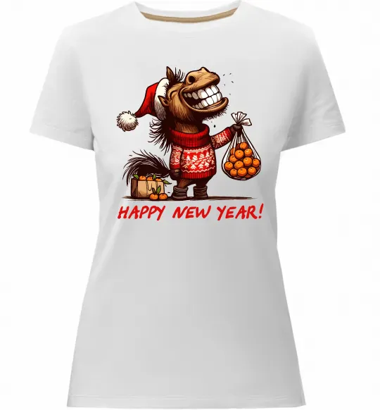 Женская премиум футболка Кінь з мандаринами Белый фото