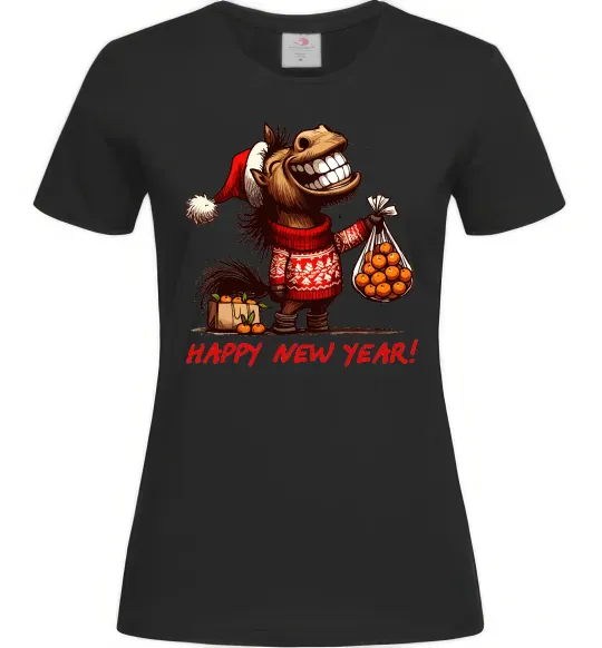 Женская футболка Кінь з мандаринами Черный фото