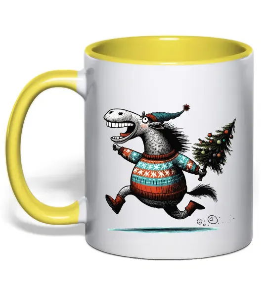 Чашка з кольоровою ручкою Кінь з ялинкою Сонячно жовтий фото