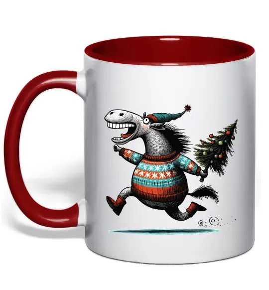 Чашка з кольоровою ручкою Кінь з ялинкою Червоний фото