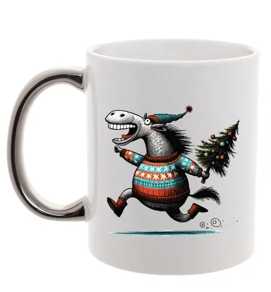 Чашка з кольоровою ручкою Кінь з ялинкою Срібло фото