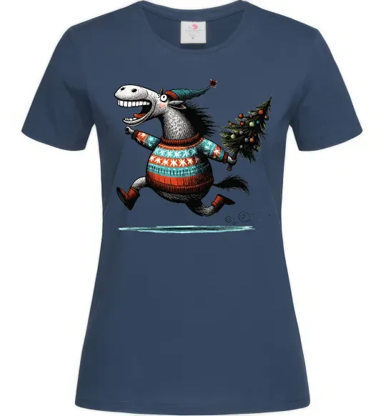 Женская футболка Кінь з ялинкою Темно-синий фото