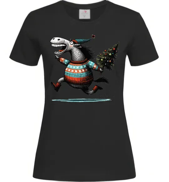 Женская футболка Кінь з ялинкою Черный фото