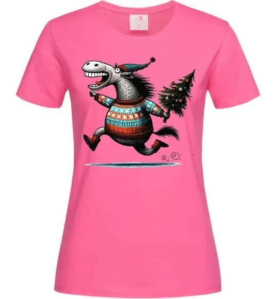 Женская футболка Кінь з ялинкою Ярко-розовый фото