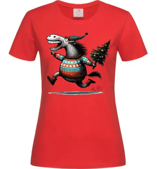 Женская футболка Кінь з ялинкою Красный фото