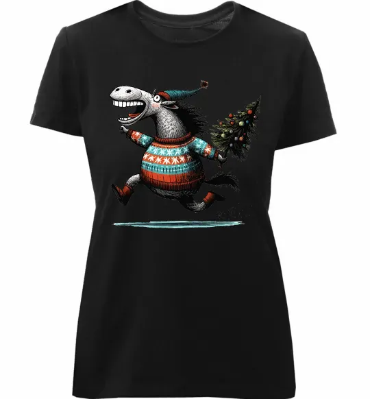 Жіноча преміум футболка Кінь з ялинкою Чорний фото