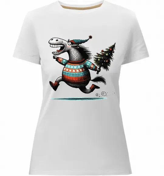 Жіноча преміум футболка Кінь з ялинкою Білий фото