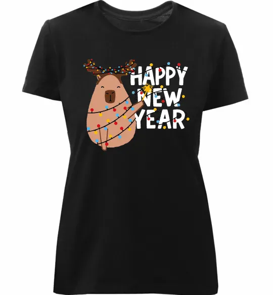 Жіноча преміум футболка Новорічна капібара Чорний фото