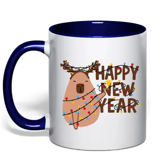 Чашка з кольоровою ручкою Новорічна капібара Глибокий темно-синій фото