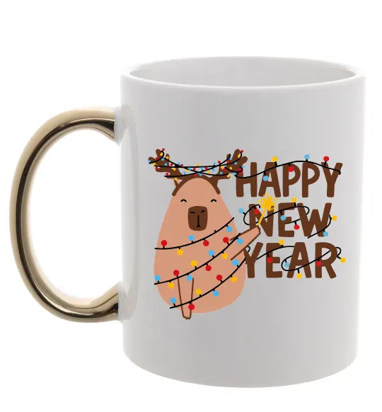 Чашка з кольоровою ручкою Новорічна капібара Золото фото