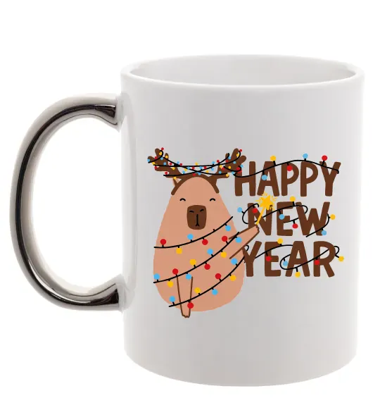 Чашка з кольоровою ручкою Новорічна капібара Срібло фото