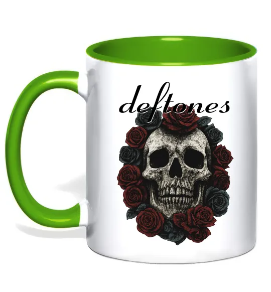 Чашка с цветной ручкой Deftones skull and roses Лаймовый фото
