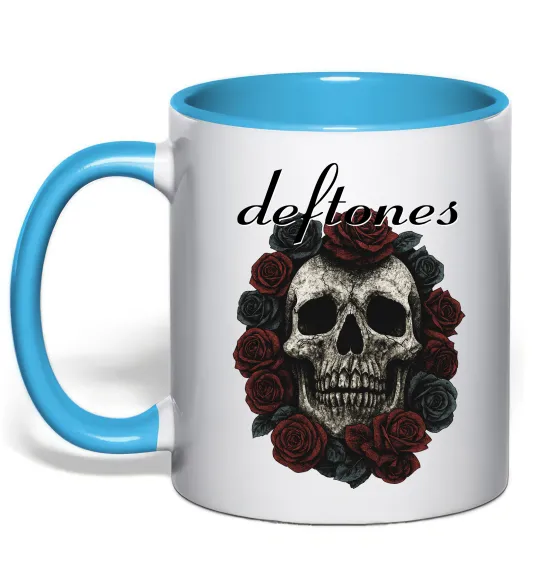 Чашка с цветной ручкой Deftones skull and roses Голубой фото