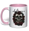 Чашка с цветной ручкой Deftones skull and roses Нежно розовый фото