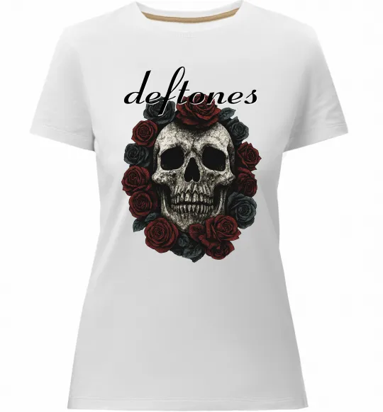 Жіноча преміум футболка Deftones skull and roses Білий фото