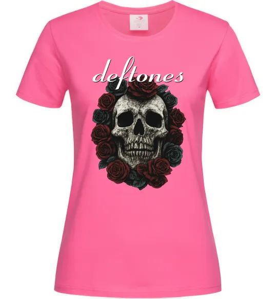 Жіноча футболка Deftones skull and roses Яскраво-рожевий фото