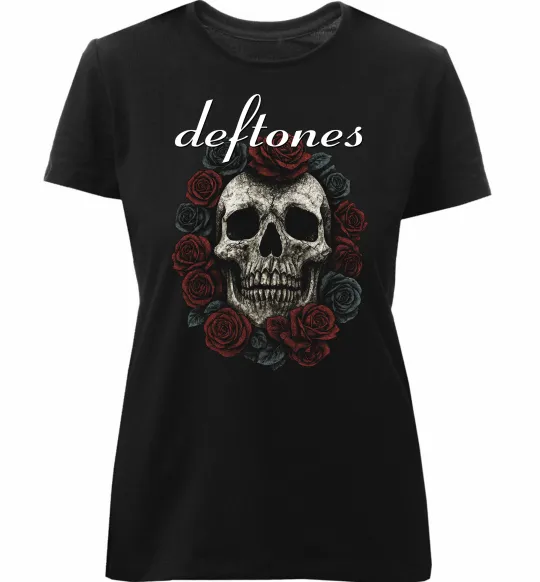Жіноча преміум футболка Deftones skull and roses Чорний фото