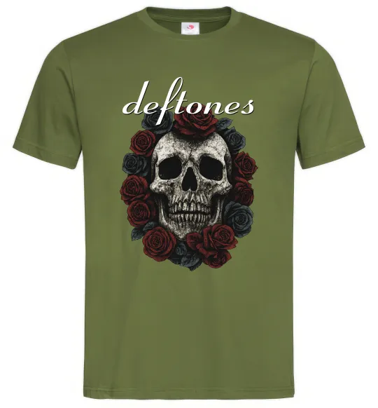 Мужская футболка Deftones skull and roses Оливковый фото