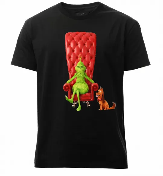 Чоловіча преміум футболка Грінч в кріслі та песик Чорний фото