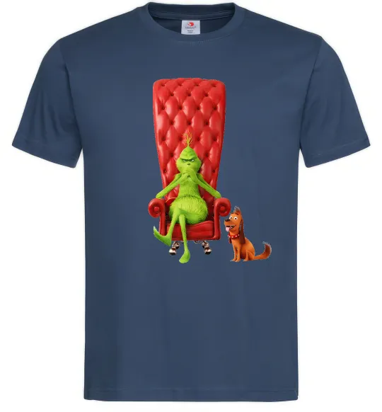 Мужская футболка Грінч в кріслі та песик Темно-синий фото