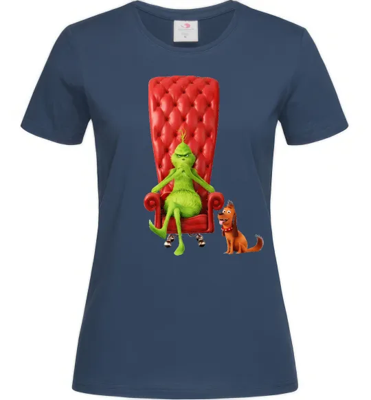 Жіноча футболка Грінч в кріслі та песик Темно-синій фото
