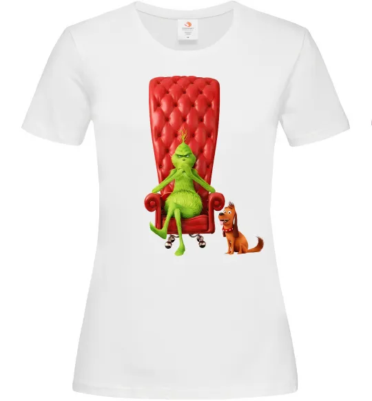 Жіноча футболка Грінч в кріслі та песик Білий фото