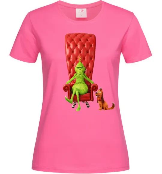 Жіноча футболка Грінч в кріслі та песик Яскраво-рожевий фото
