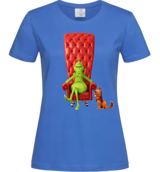Жіноча футболка Грінч в кріслі та песик Яскраво-синій фото