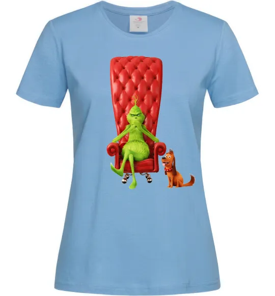 Жіноча футболка Грінч в кріслі та песик Блакитний фото