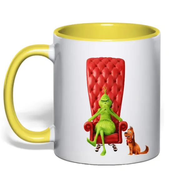 Чашка с цветной ручкой Грінч в кріслі та песик Солнечно желтый фото