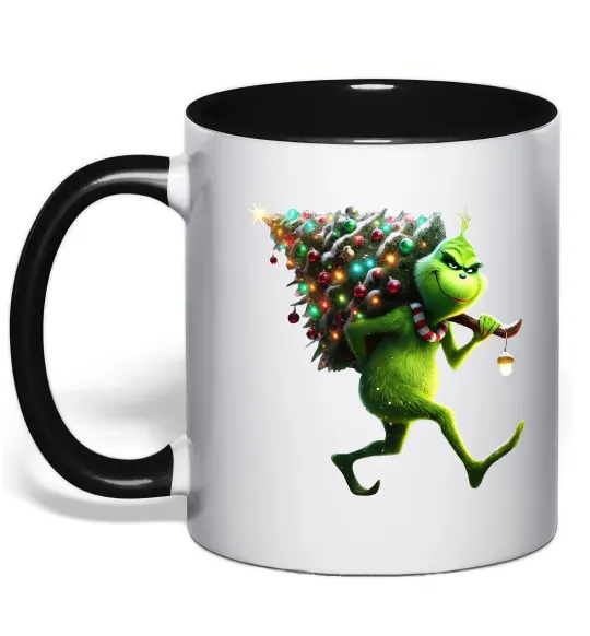 Чашка з кольоровою ручкою Грінч з ялинкою Чорний фото