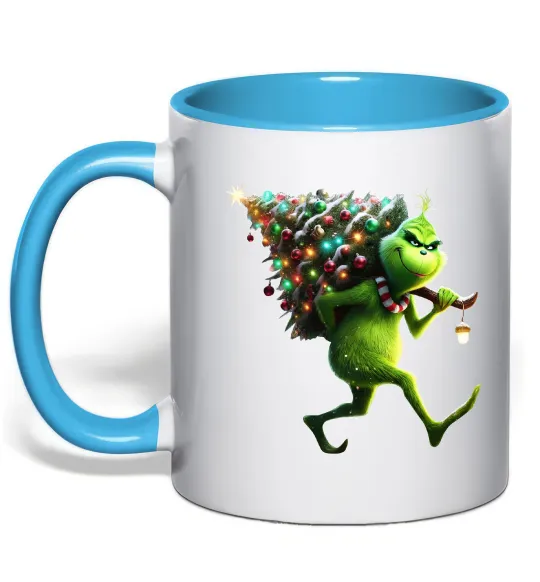 Чашка з кольоровою ручкою Грінч з ялинкою Блакитний фото