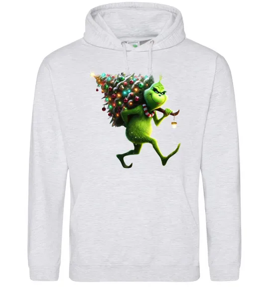 Женская толстовка (худи) Грінч з ялинкою Серый меланж фото