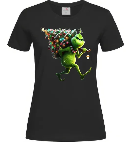 Жіноча футболка Грінч з ялинкою Чорний фото