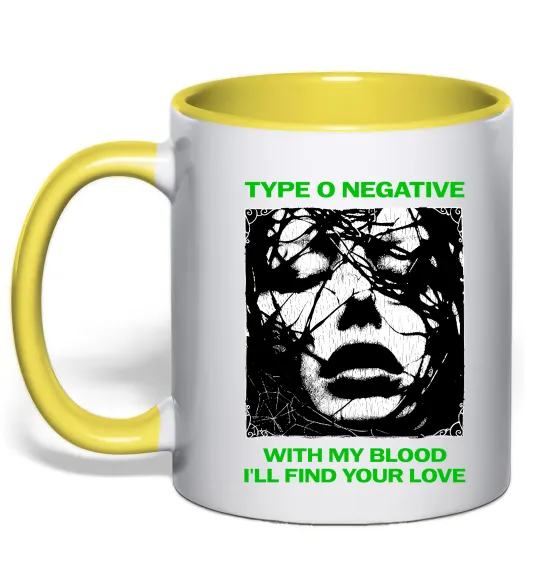 Чашка з кольоровою ручкою Type O Negative with my blood Лимонний фото