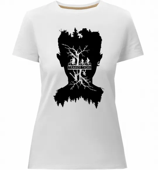 Жіноча преміум футболка Stranger things dark forest Білий фото
