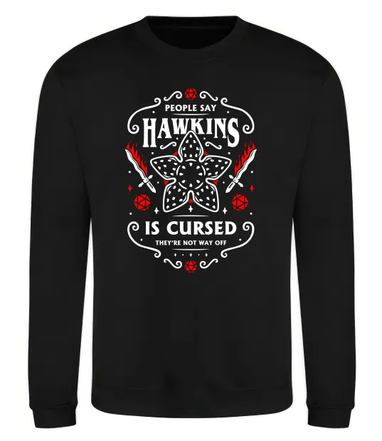 Свитшот Hawkins is cursed Stranger things Черный фото