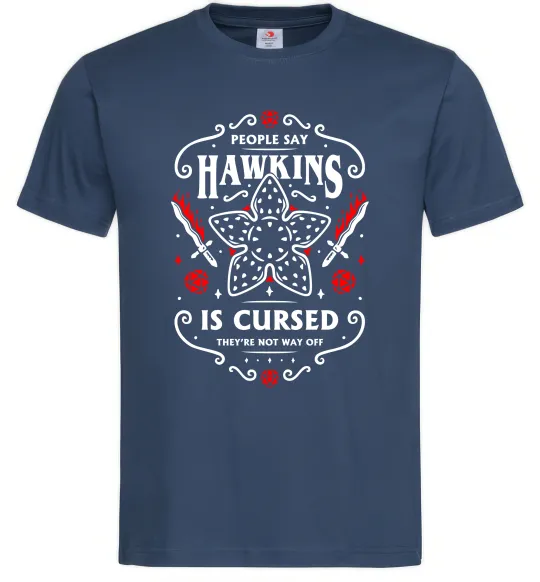 Мужская футболка Hawkins is cursed Stranger things Темно-синий фото