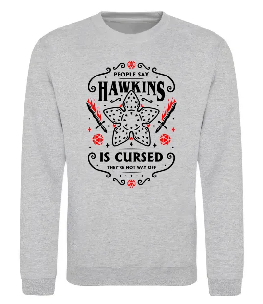 Свитшот Hawkins is cursed Stranger things Серый меланж фото