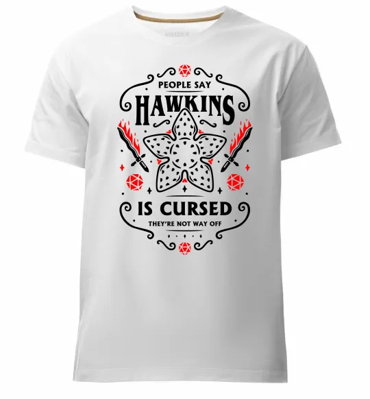 Мужская премиум футболка Hawkins is cursed Stranger things Белый фото