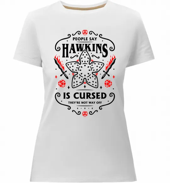 Женская премиум футболка Hawkins is cursed Stranger things Белый фото