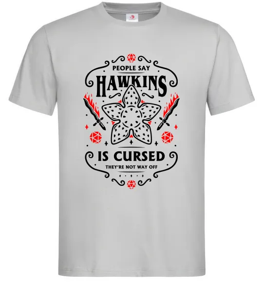 Мужская футболка Hawkins is cursed Stranger things Серый фото